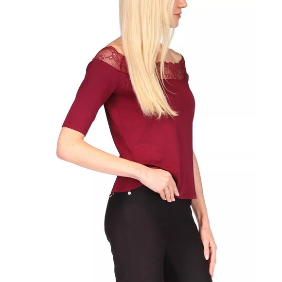 MICHAEL MICHAEL KORS Petite Lace-Trim Off-The-Shoulder Top in Dark Ruby - Large - Picture 3 of 6